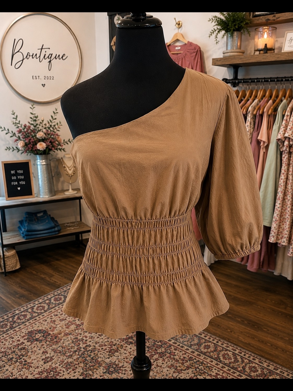 One-Shoulder Smocked Waist Peplum Top - Brown